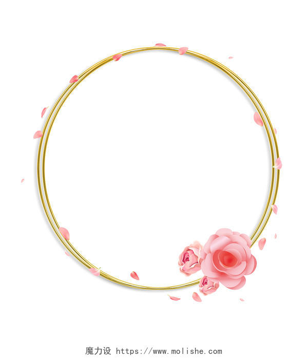 粉色玫瑰花瓣鲜花边框玫瑰花金边PNG素材